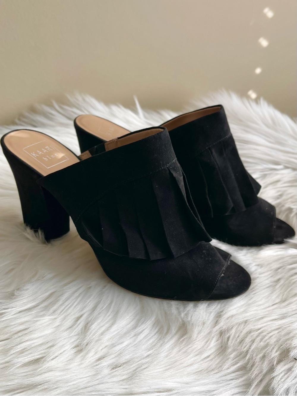 Kaari Blue Ava Black Faux Suede Fringe Mule Heels